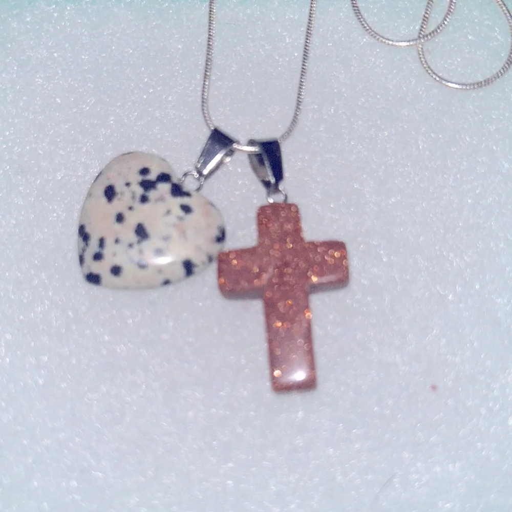 Boho Hippie Tigers Eye Cross Dalmatian Jasper Heart Sterling Silver Necklace 24”